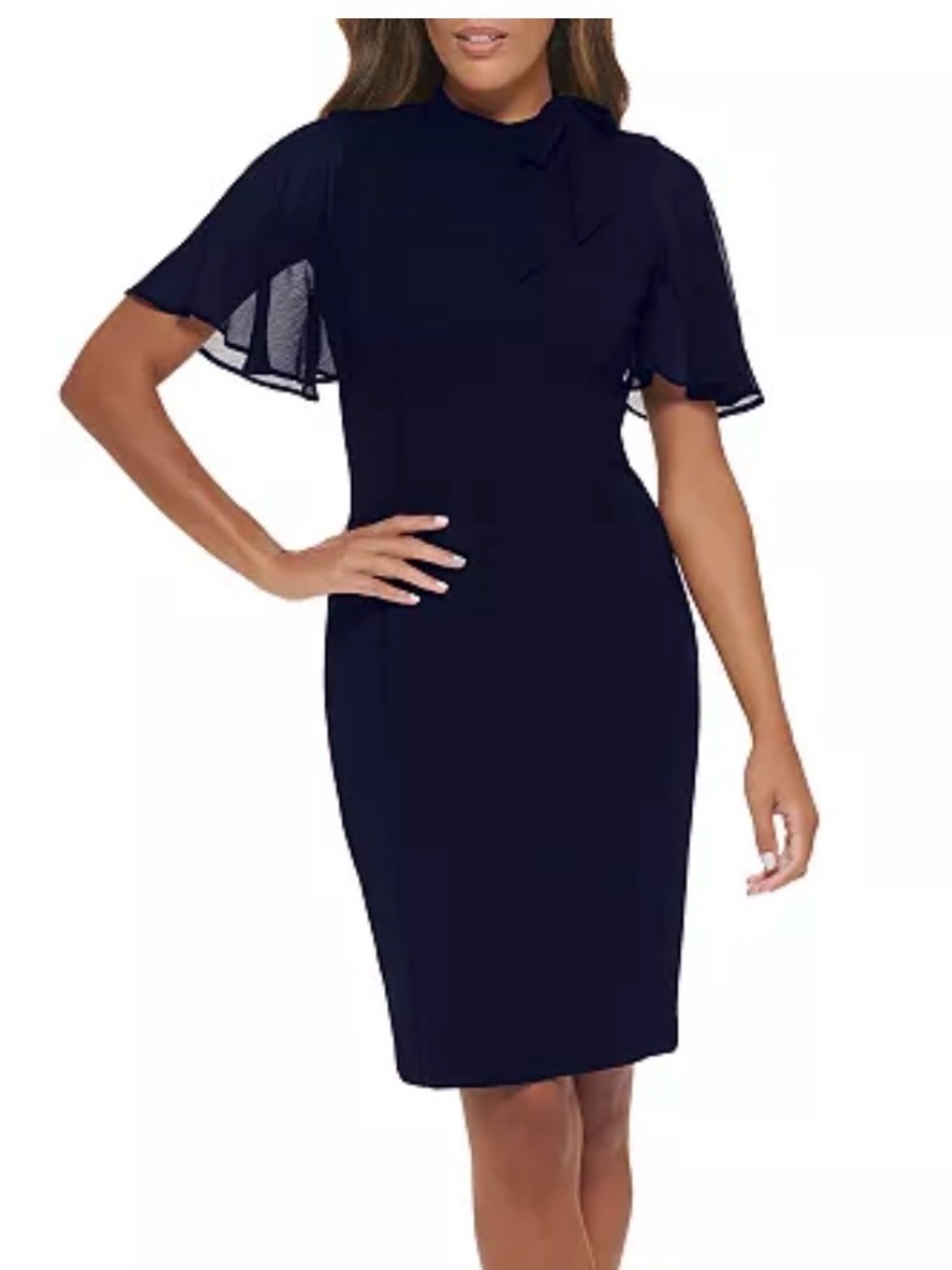 Calvin Klein Navy Midi Sheath Dress with Flutter Sleeves